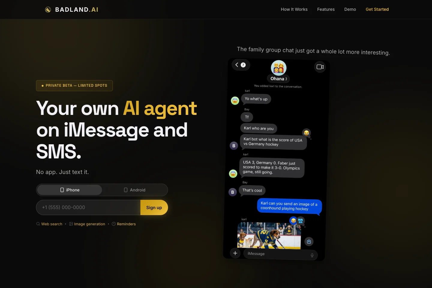 The Badland Agent Platform product page with a representative iMessage conversation