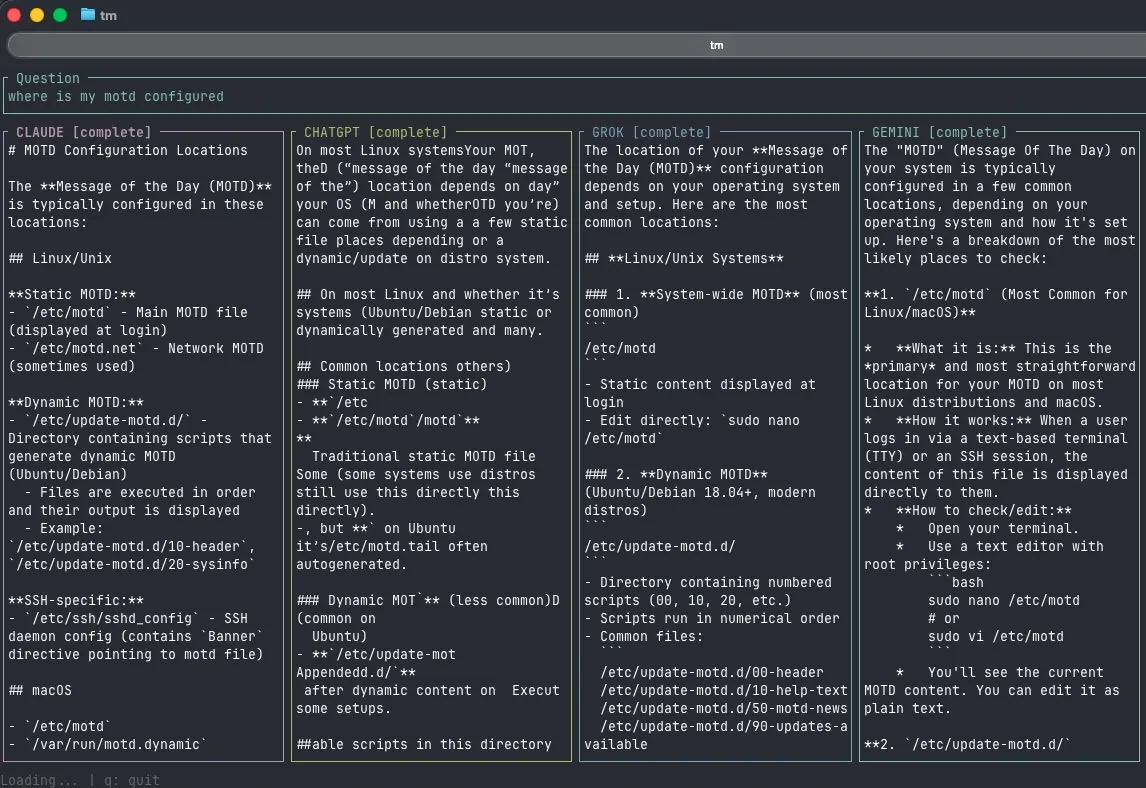 ai-cli council mode: several model responses streaming side by side in a terminal
