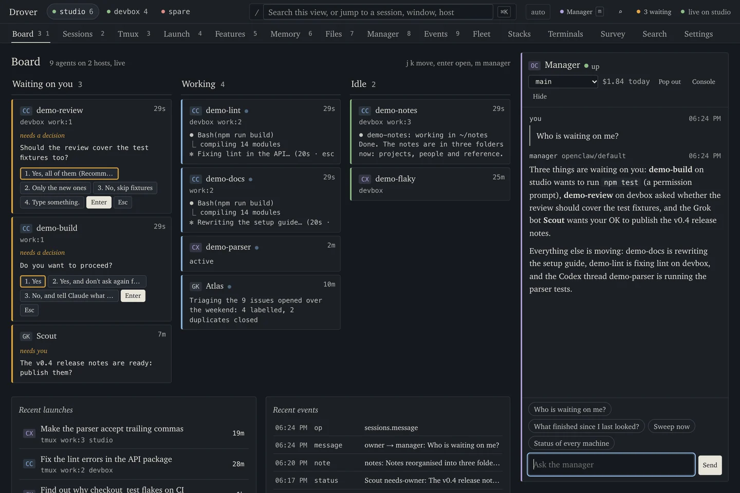 The Drover board in dark mode: agents sorted into Waiting on you, Working and Idle across two hosts, with the fleet manager answering in a side panel