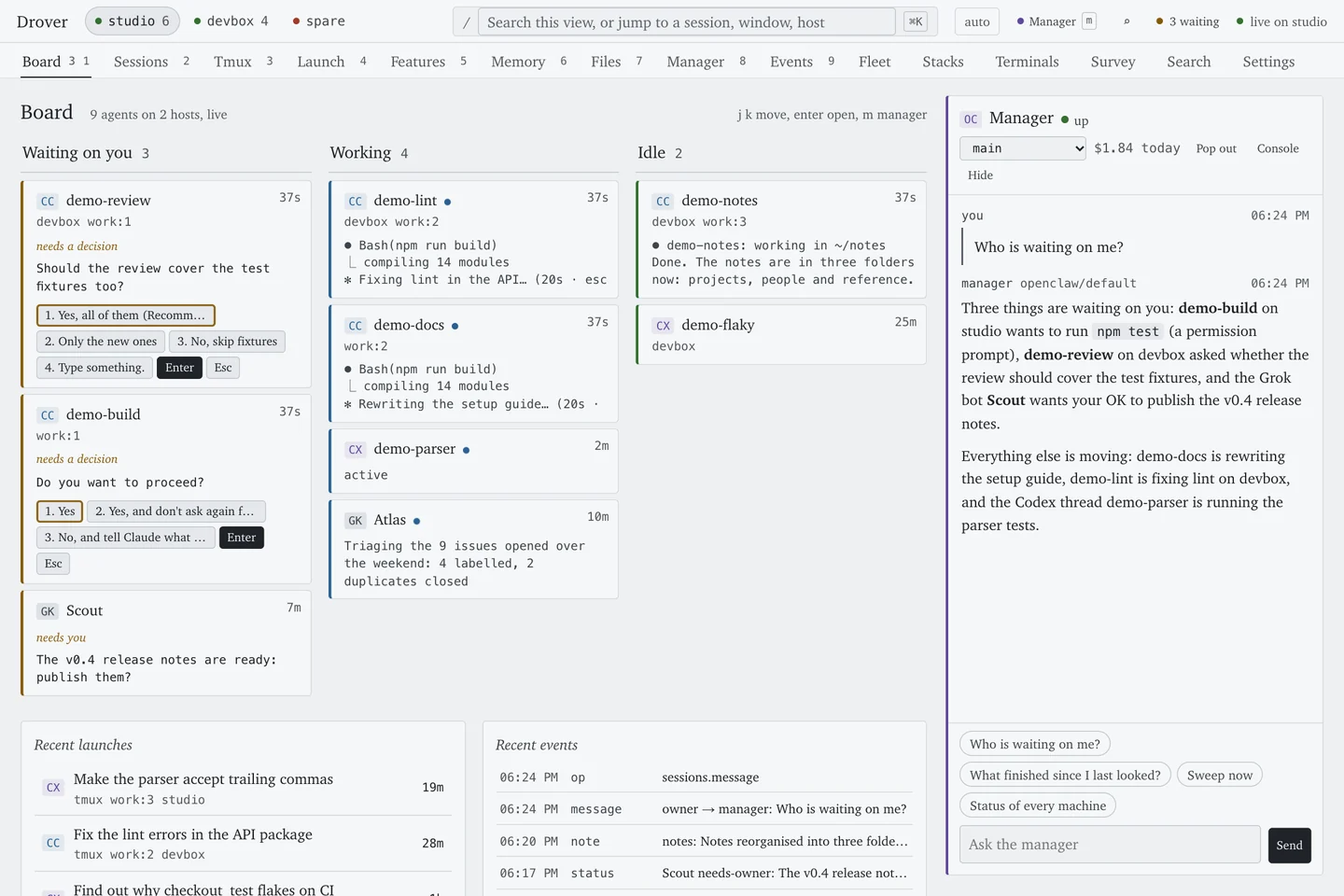 The Drover board in light mode: the same three lanes of agents, with recent launches and events below