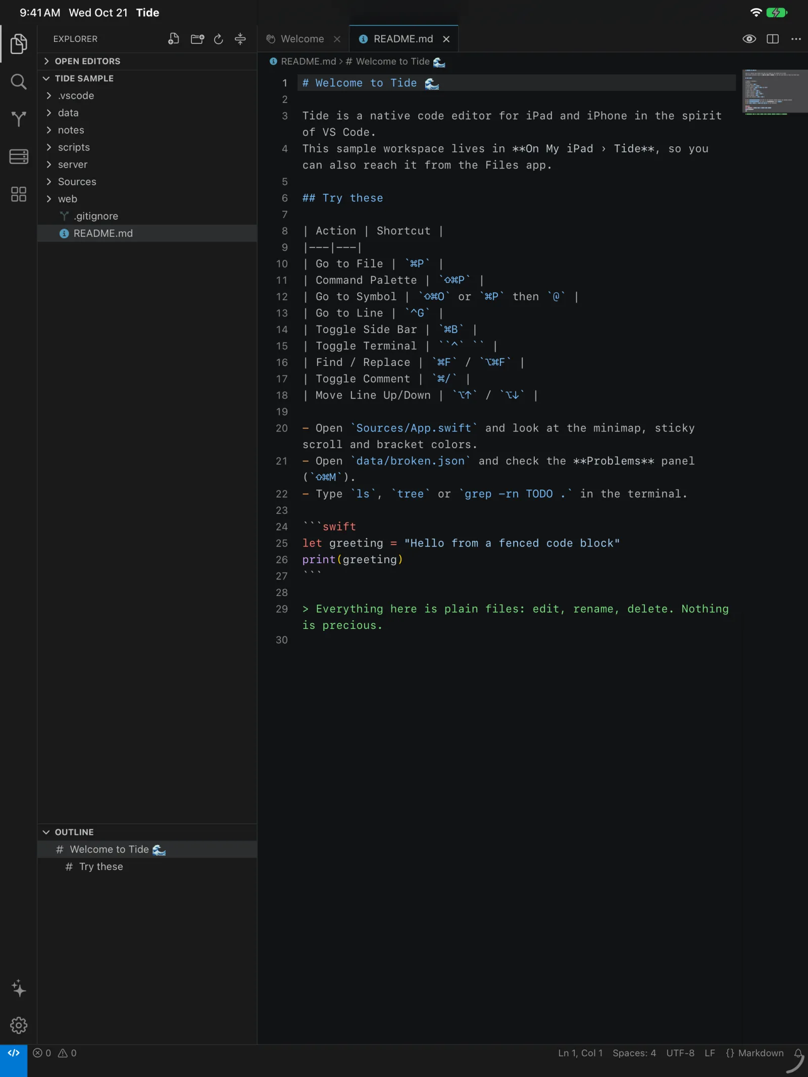 Tide on iPad with the Dark 2026 theme: the explorer, a README in the editor, and the outline view