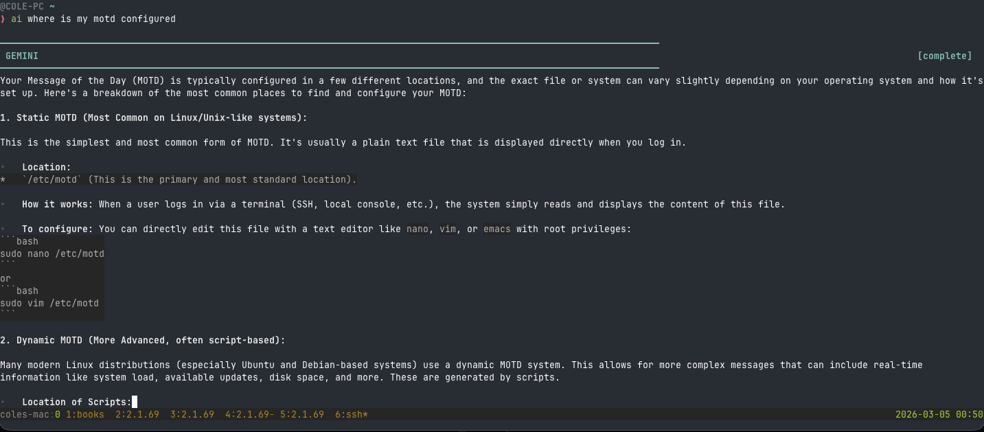 AI CLI — 'ai where is my motd configured' with Gemini response explaining static and dynamic MOTD setup