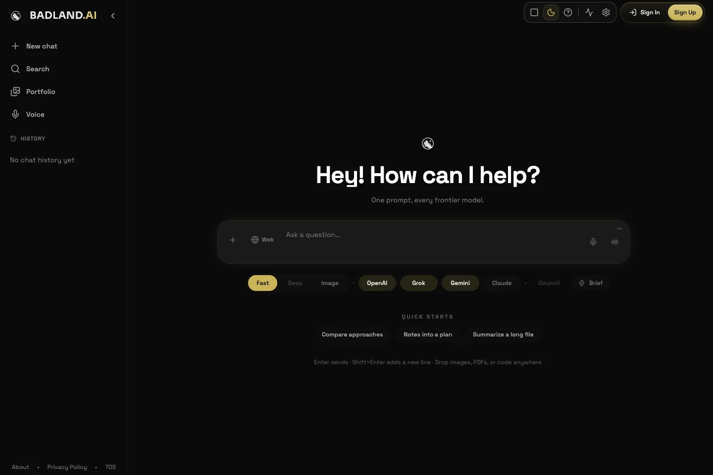 Badland AI Chat model picker and composer in dark mode